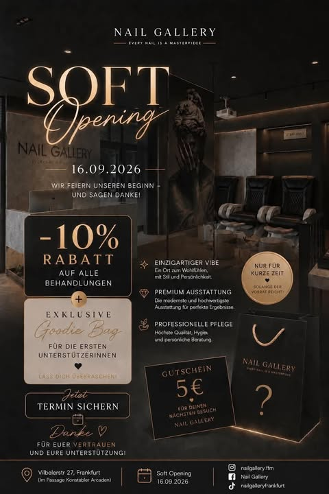 Soft Opening der Nail Gallery am 16. September 2026 mit 10 Prozent Rabatt auf alle Behandlungen